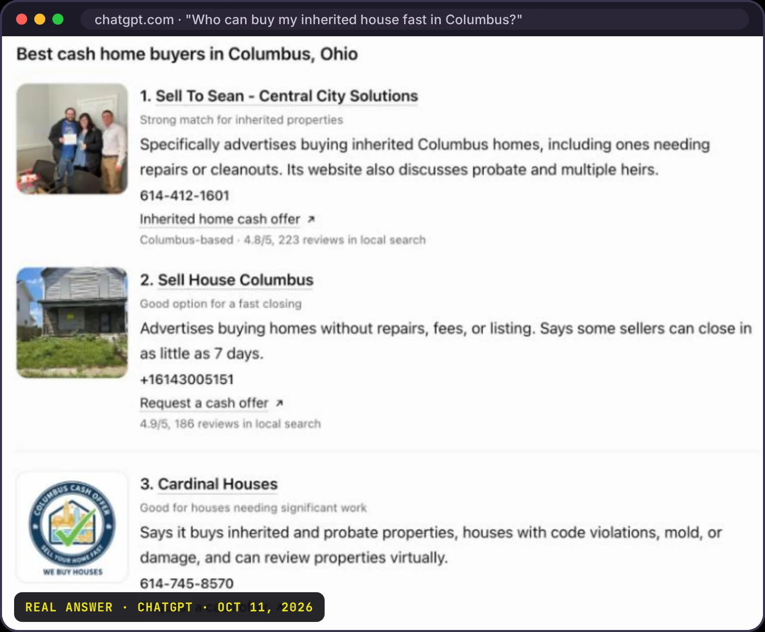 ChatGPT naming Columbus cash buyers, with review counts. Every seller who asks gets a short list.